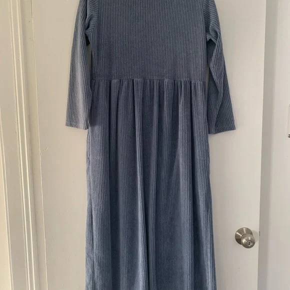 Vintage Blue Terrycloth Corduroy Button-Down Longsleeve Dress - Picture 4 of 6